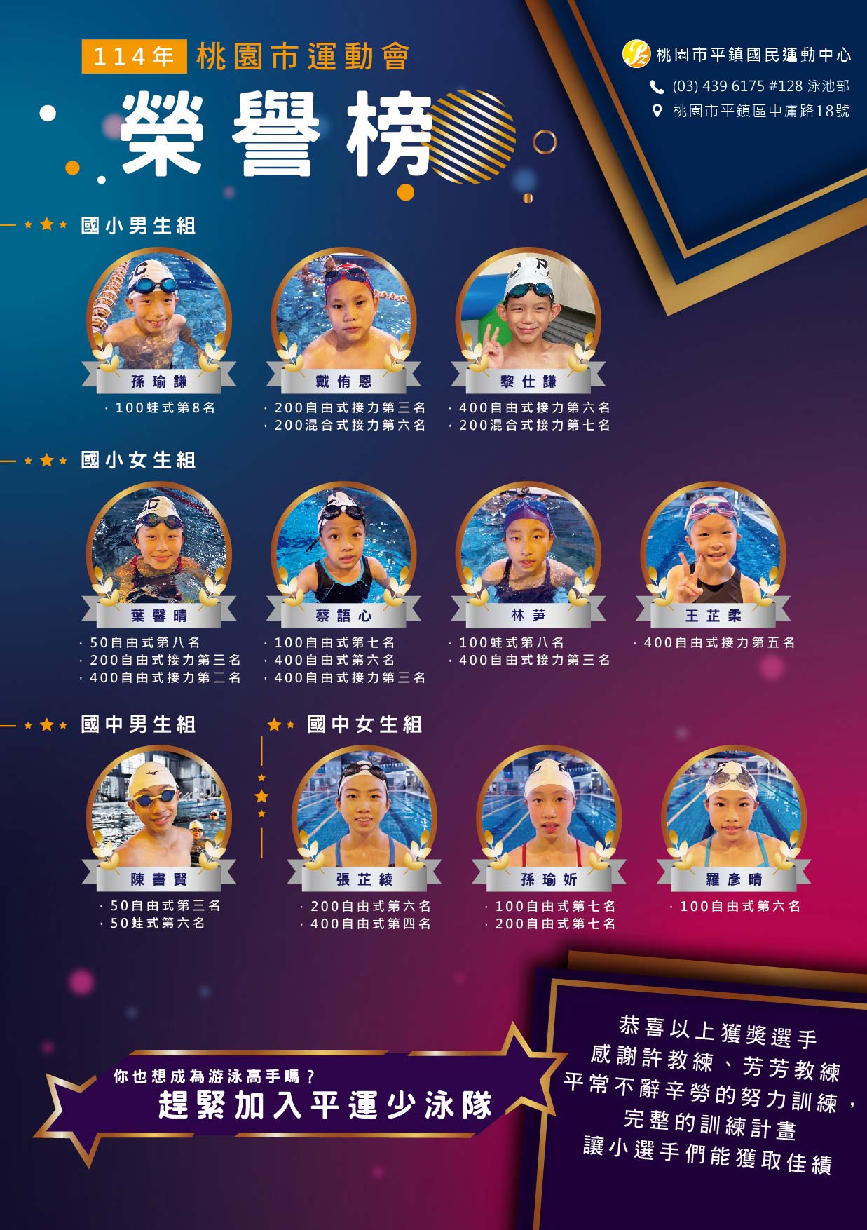114年平運少泳隊榮譽榜