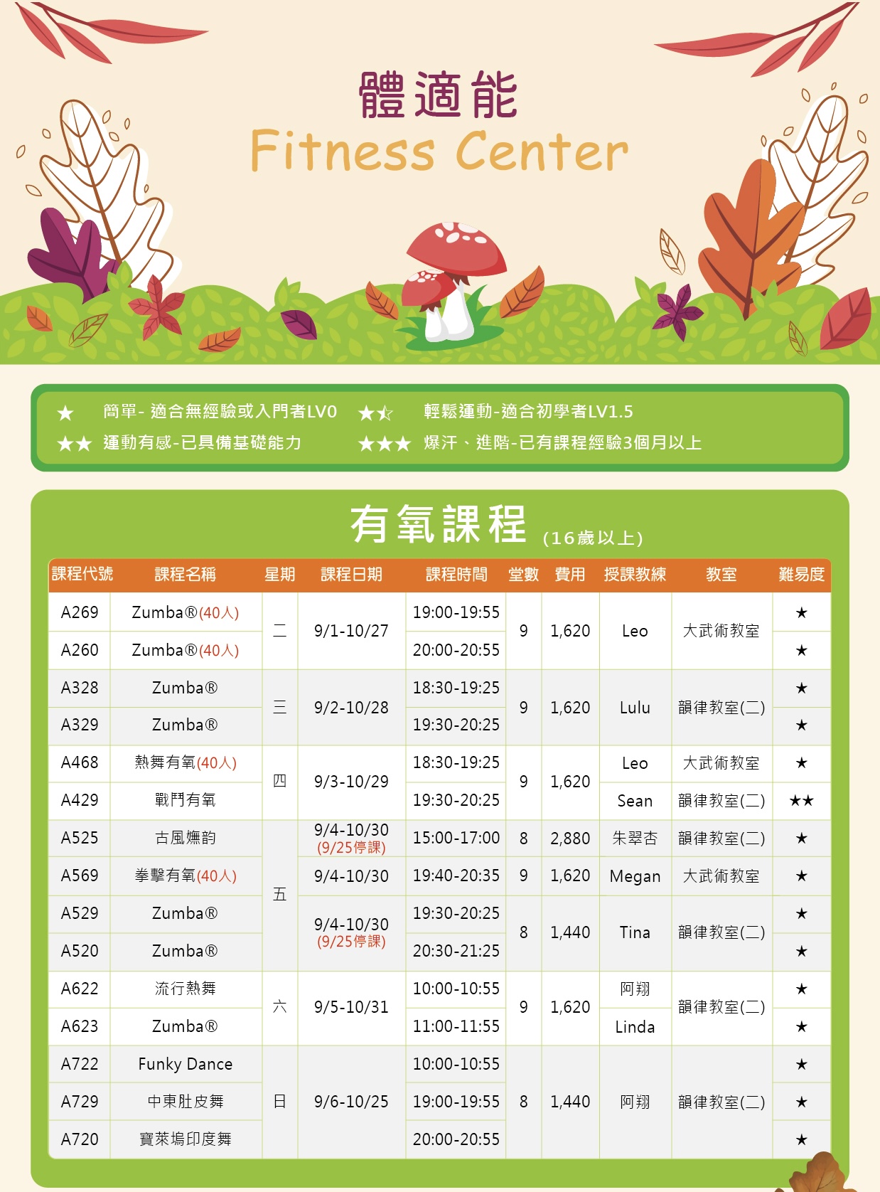 體適能課程9-10月期課早鳥優惠開始囉~